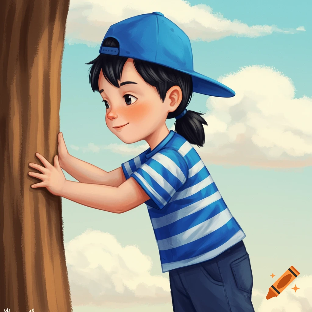 Digital illustration of a child in a blue cap and striped shirt leaning against a tree.