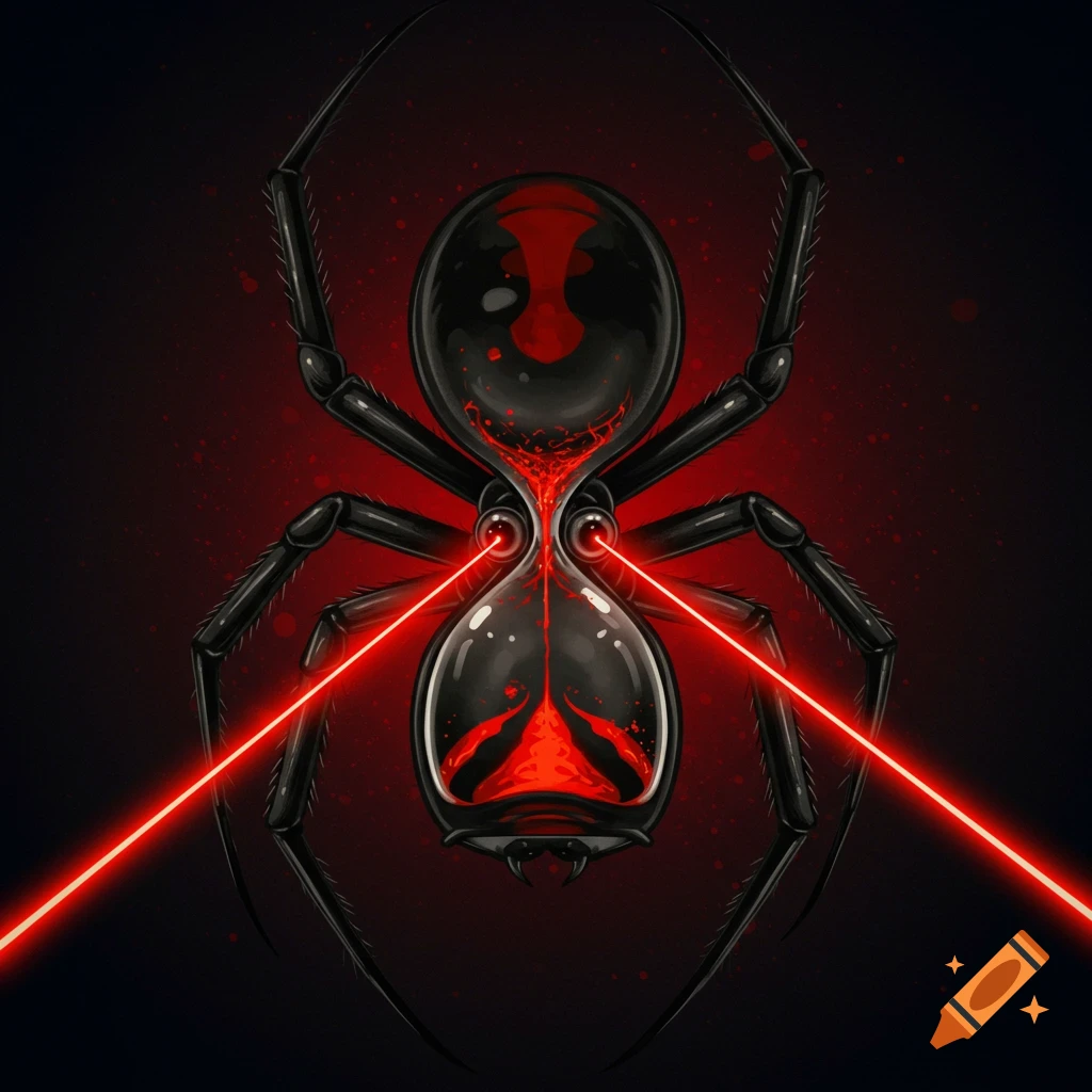 A black spider with an hourglass abdomen is firing red lasers from its eyes.