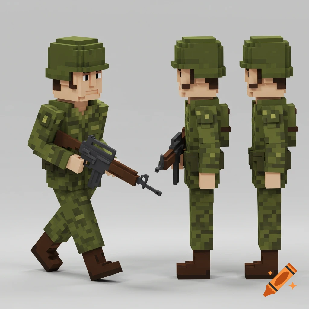 Voxel art soldier figures in camouflage uniform with rifles and separate leg stances.