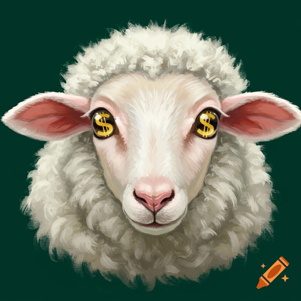 A white sheep face with dollar signs in its eyes against a dark green background.