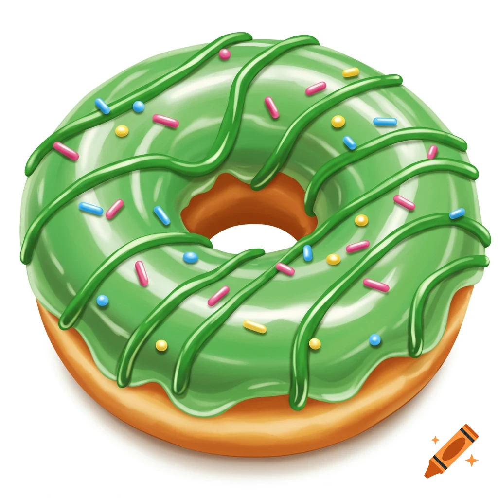 A donut with green icing lines and sprinkles on a white background.