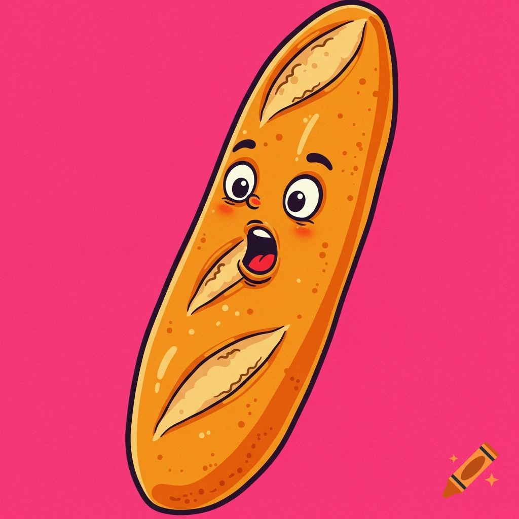 Cartoon illustration of a surprised baguette on a pink background.