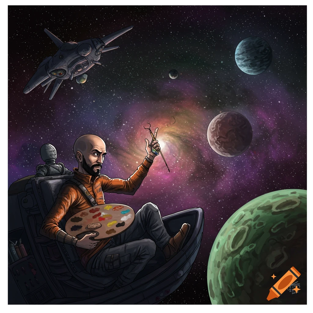 Image of a space artist in a spaceship painting the galaxy, surrounded by planets.