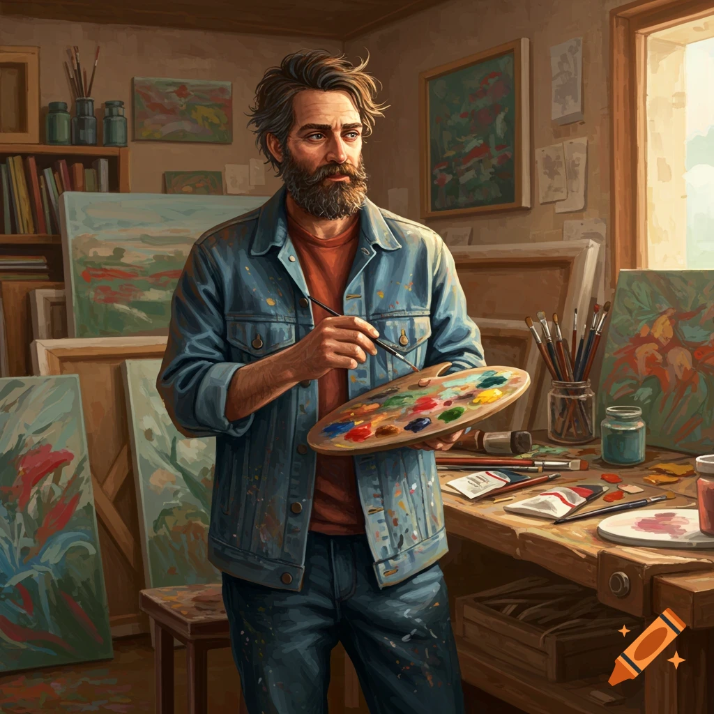 A man stands in his studio, holding a paint palette and brush.