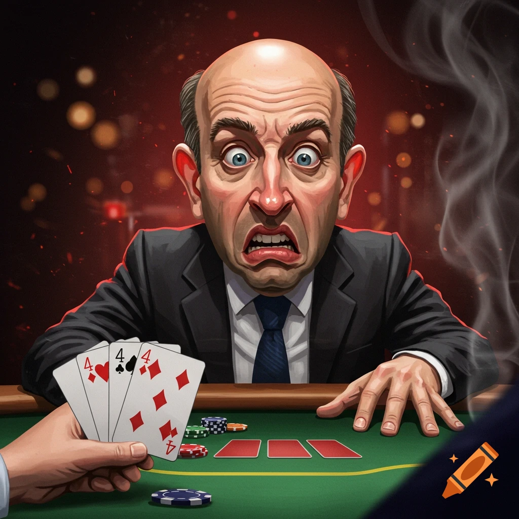 A cartoonish bald man reacts in fear while playing poker against a hand with four 4s.