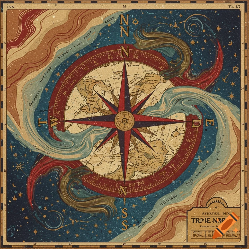 A stylized compass rose over a vintage map background, surrounded by swirling elements and celestial bodies.