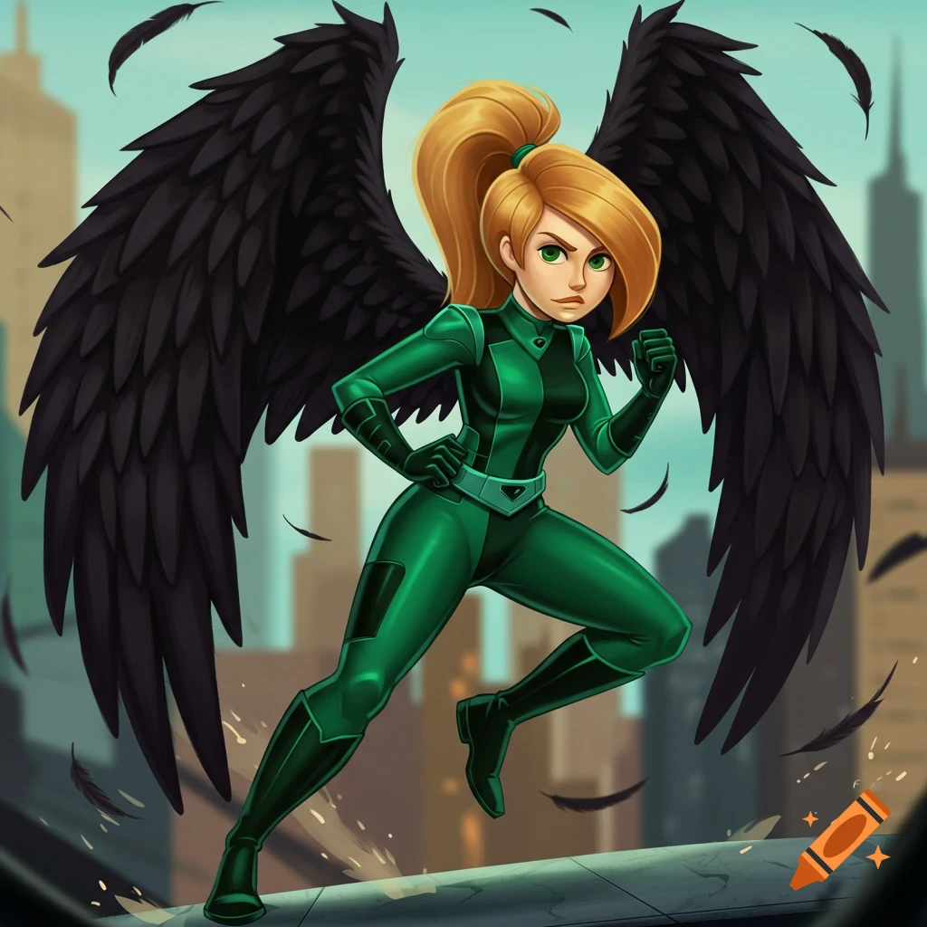 A woman resembling Kim Possible in a green suit with black wings on a city rooftop.