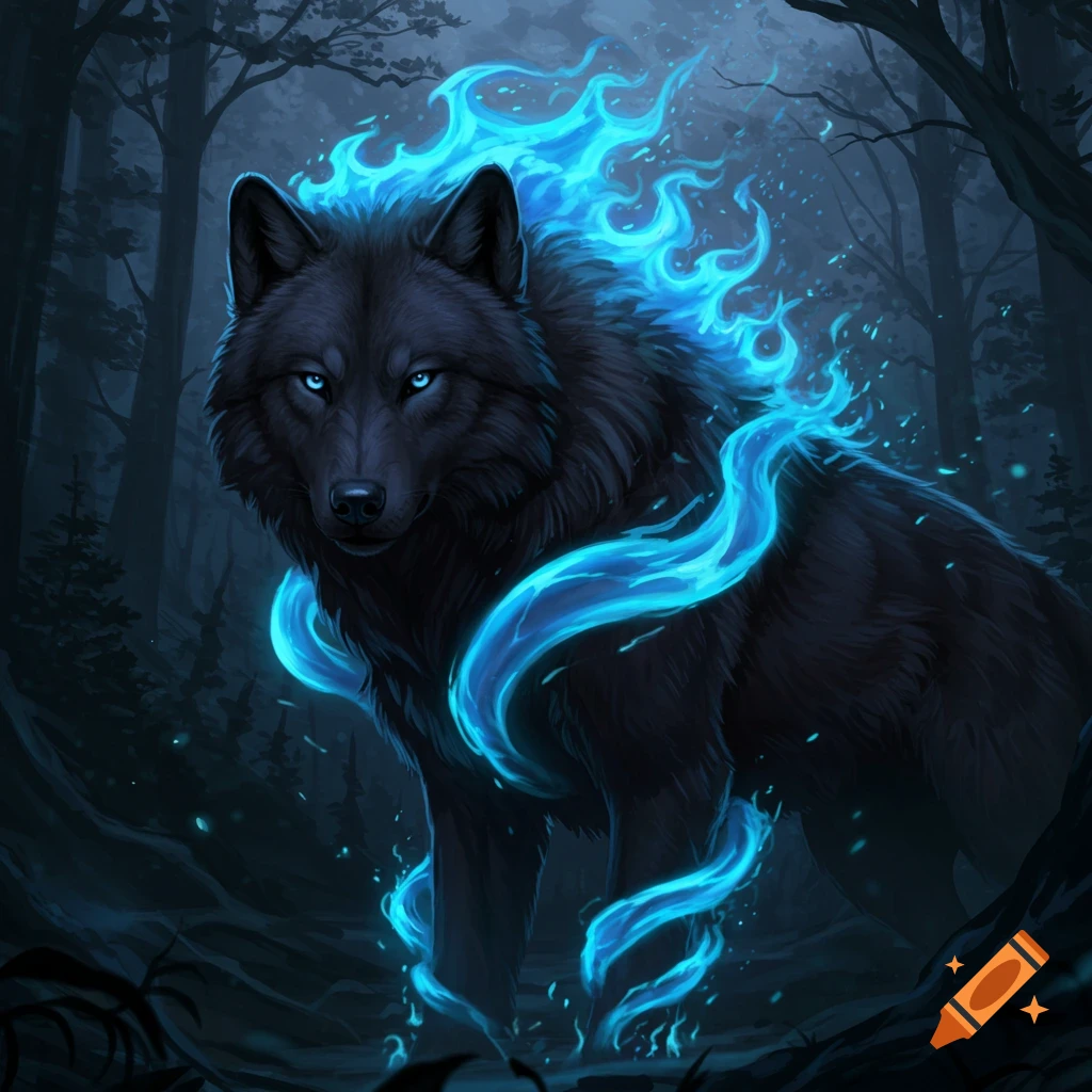 A black wolf with glowing blue flames around its neck and head stands in a dark forest. Digital art.