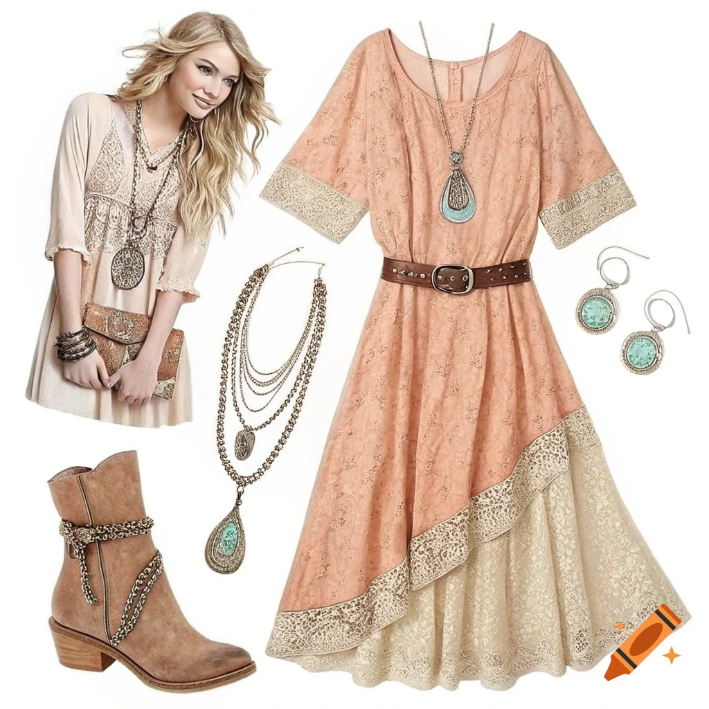 Styled outfit with a woman, peach dress, brown boots, and silver necklace and earrings.