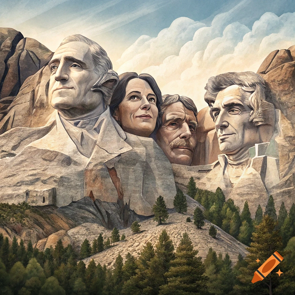 A mountain carving similar to Mount Rushmore featuring four faces, set against a sky with clouds and trees in the foreground.
