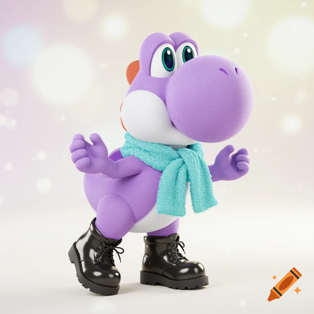 A purple Yoshi wearing a blue scarf and black boots.