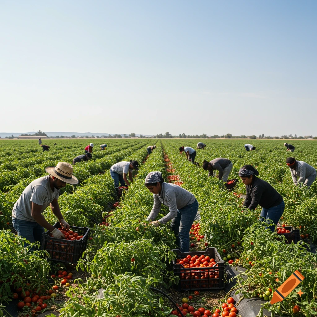 People harvest tomatoes in a sunny field