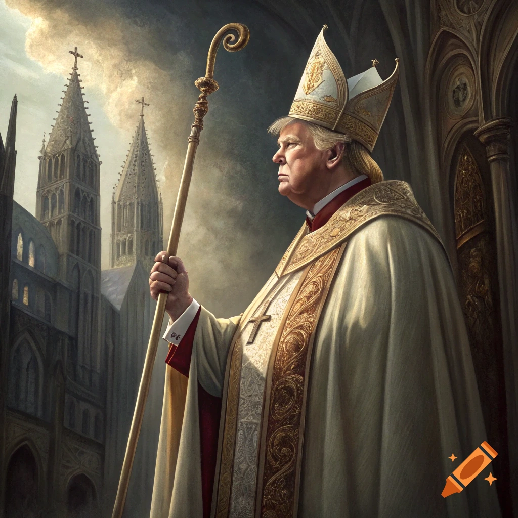 Painterly depiction of Donald Trump dressed as a Pope in a cathedral.