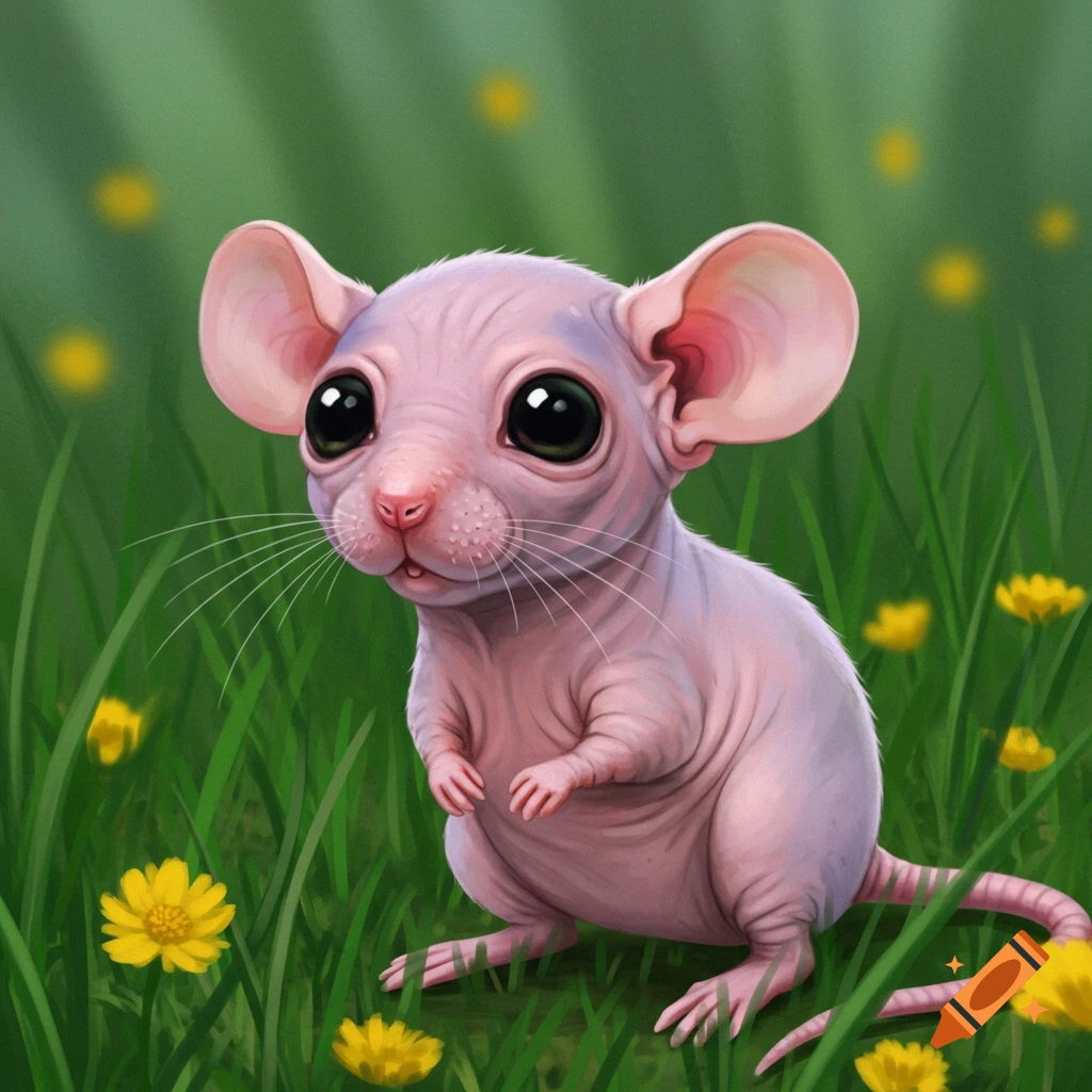 A cute, pink, furless mouse with big eyes sits in green grass with yellow flowers.