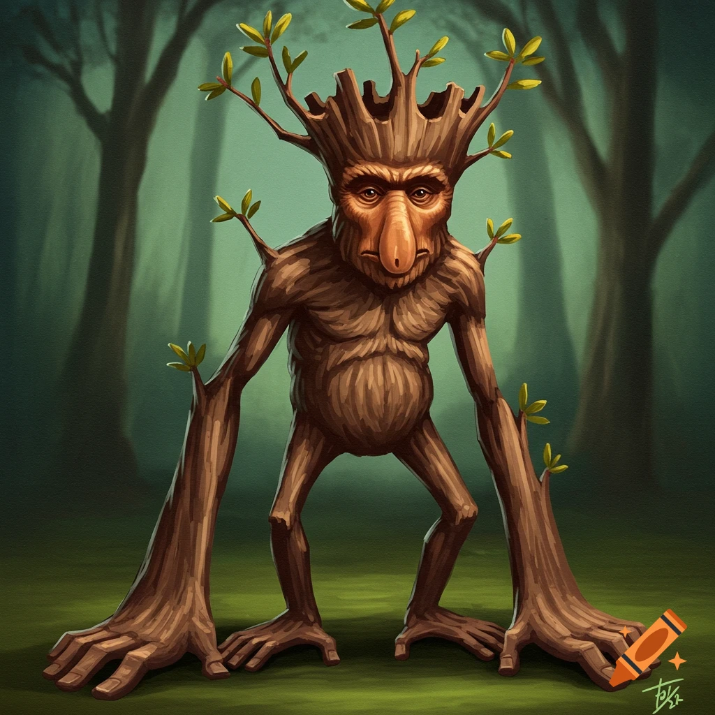 A tree creature with a proboscis monkey face and large hands standing in a forest.
