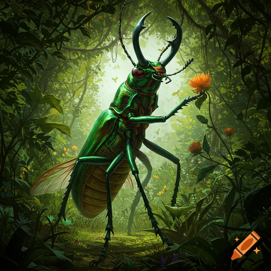 A giant green beetle holds an orange flower in a jungle.