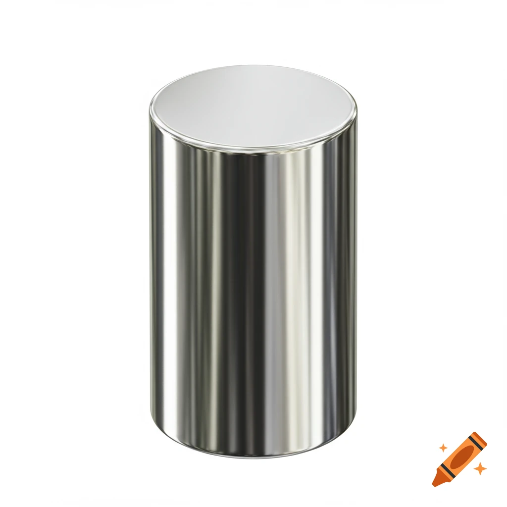 A shiny chrome cylinder standing upright on a white background.