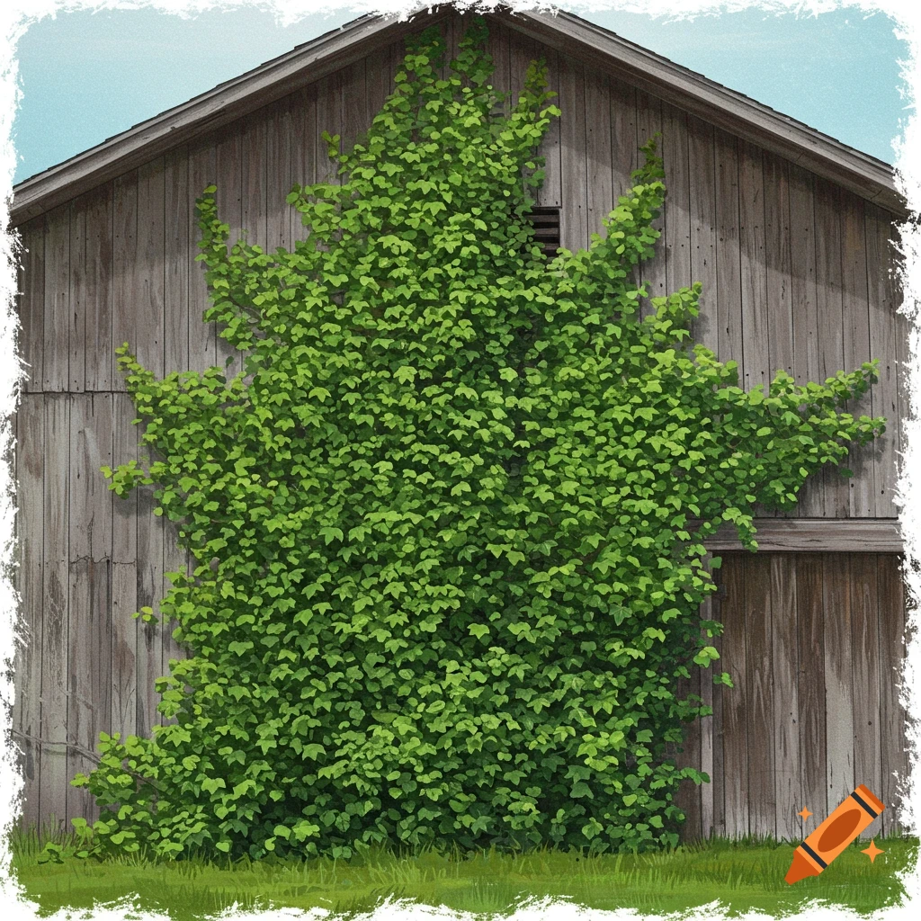 A wooden barn wall is covered in green ivy.