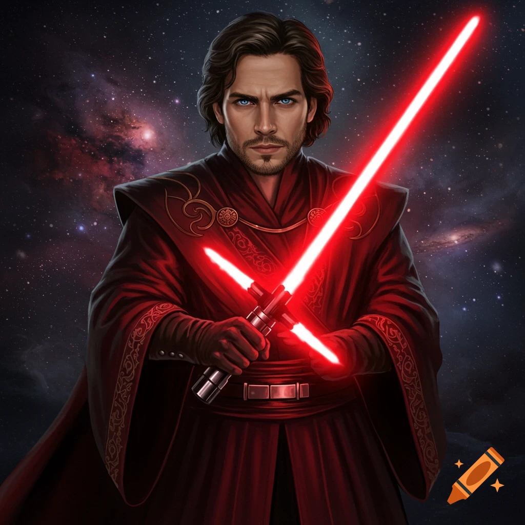 A man in a red robe holding a red crossguard lightsaber in space.