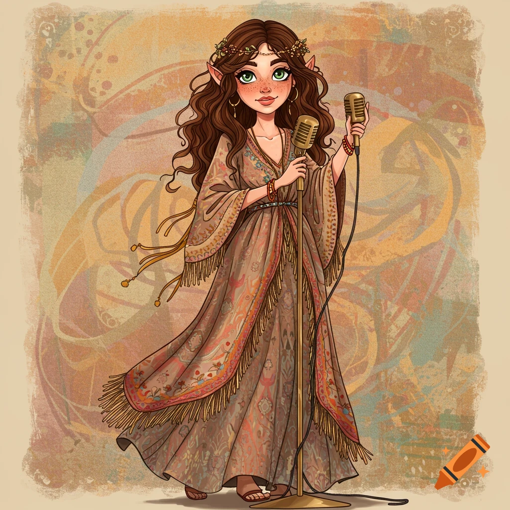 An illustration of a boho-style female character with elf ears singing into a vintage microphone.