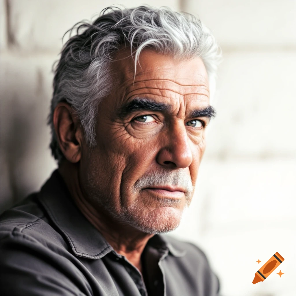 Photorealistic close-up portrait of an older man with gray hair and mustache