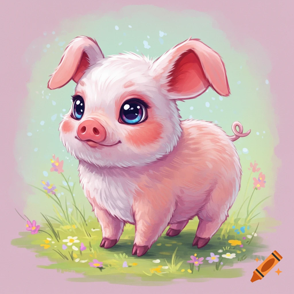 Cute cartoon piglet standing in grass with flowers.