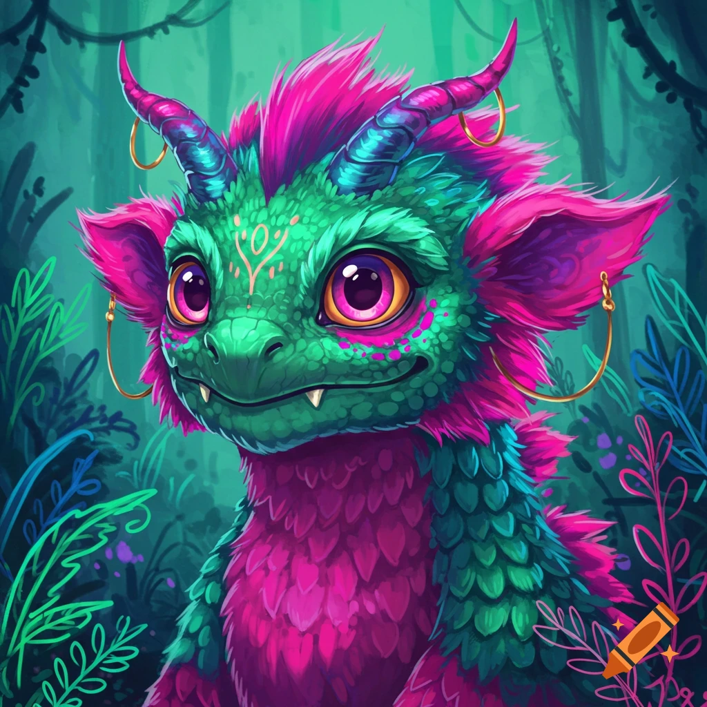 Close-up of a cute, green and pink fantasy creature with large eyes in a forest.