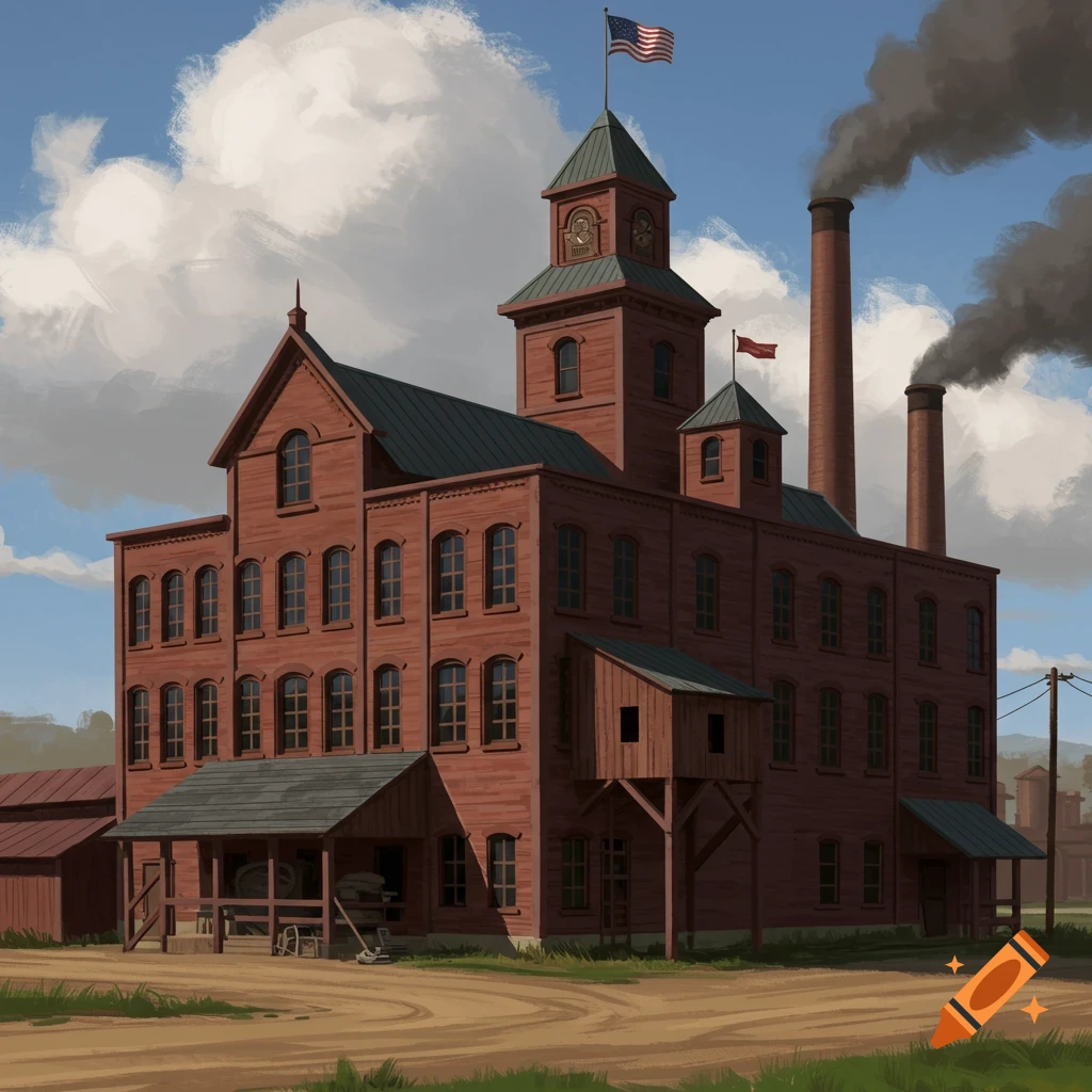 An old red brick factory with smoking chimneys and flags under a cloudy sky.