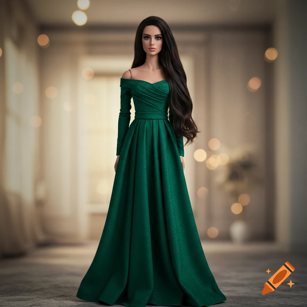 A doll-like figure of a tall brunette woman in a long green dress.