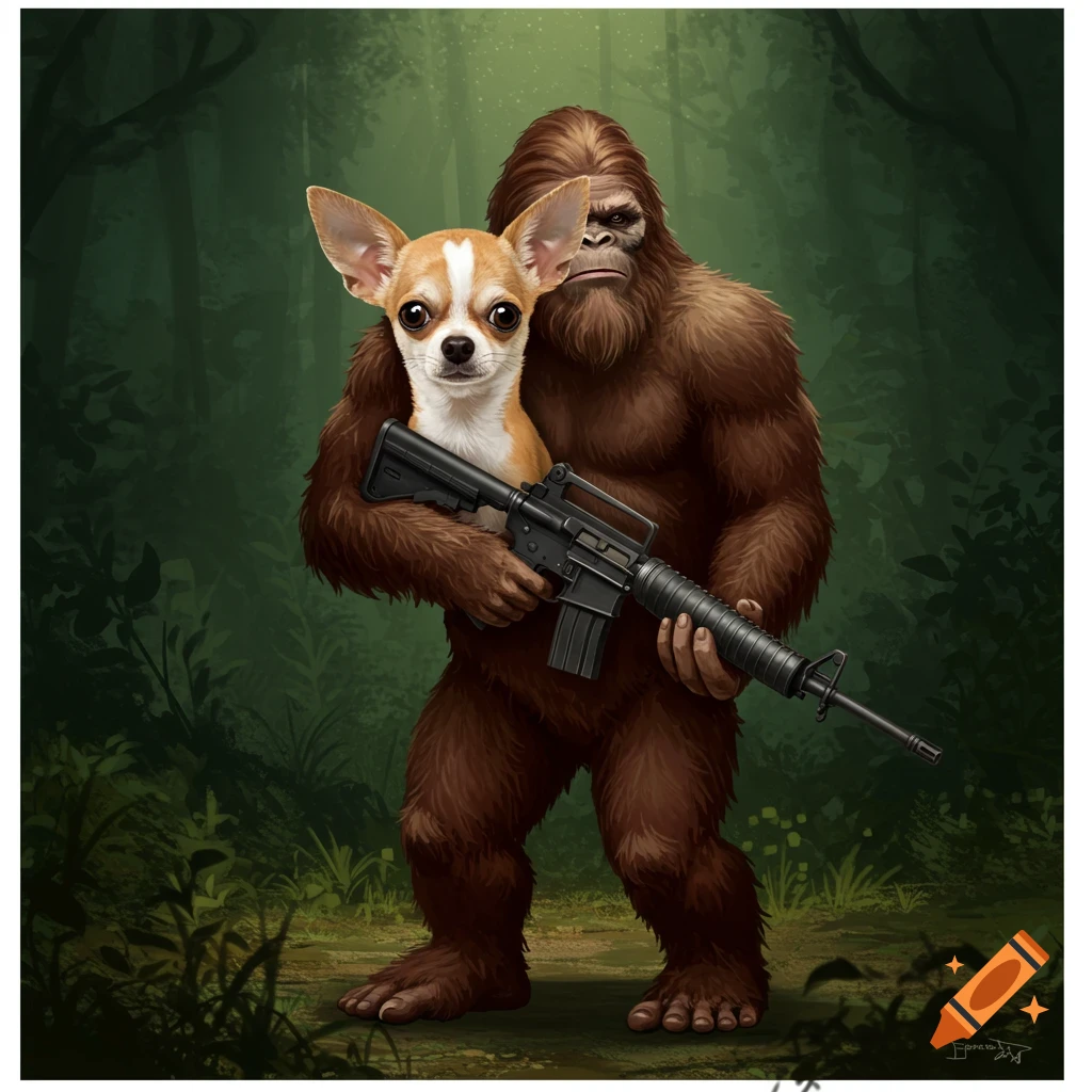 A Bigfoot holding a chihuahua and a rifle in a forest.