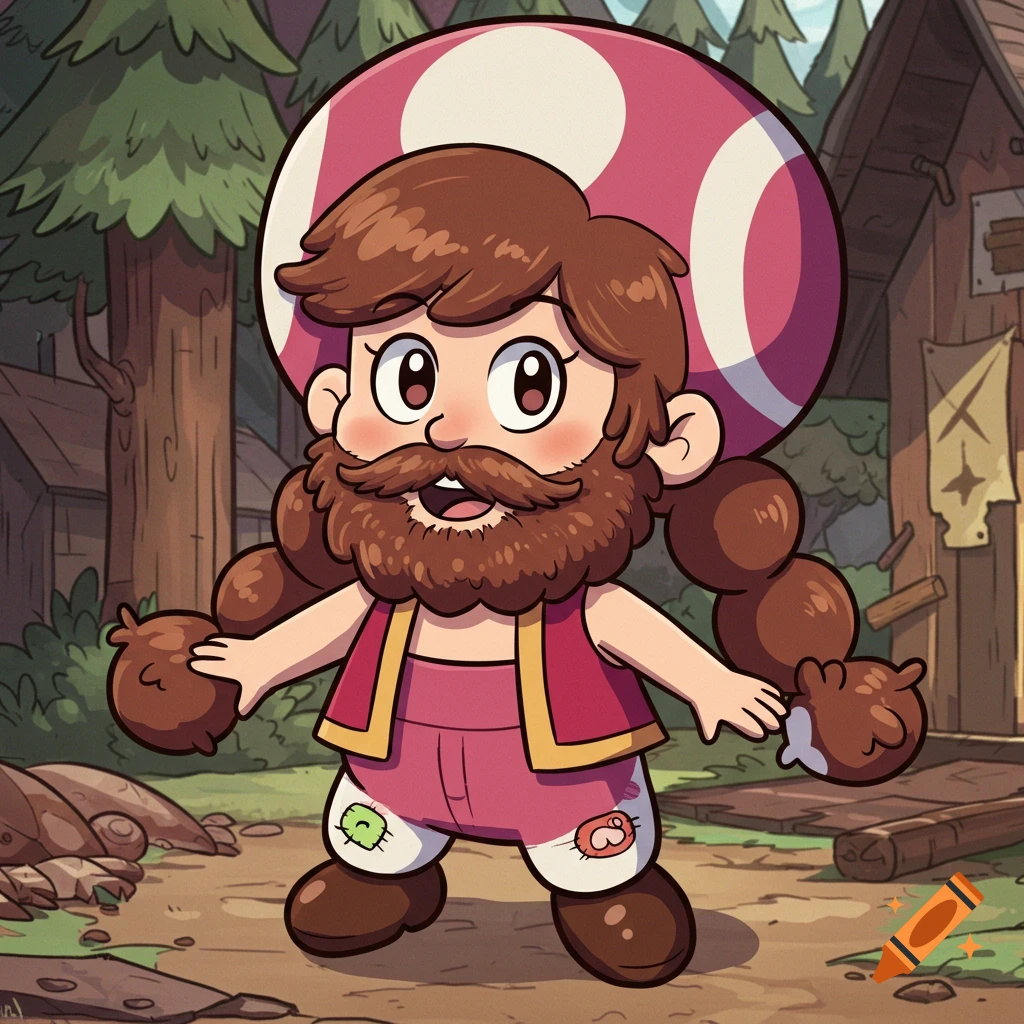 Cartoon Toadette with brown hair and beard in Gravity Falls style, standing outdoors.