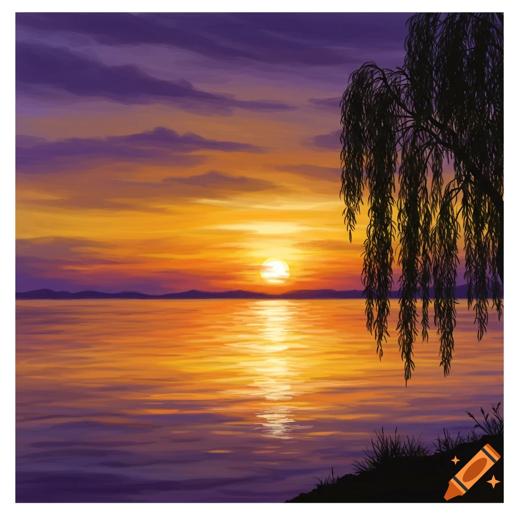 A vibrant orange and purple sunset over water with a weeping willow silhouette.