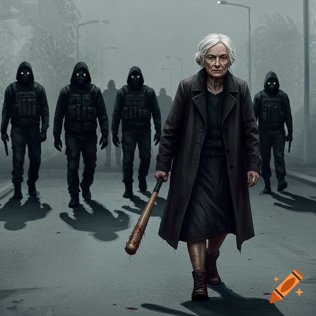 An old woman with a bloody baseball bat walking away from hooded figures on a street.