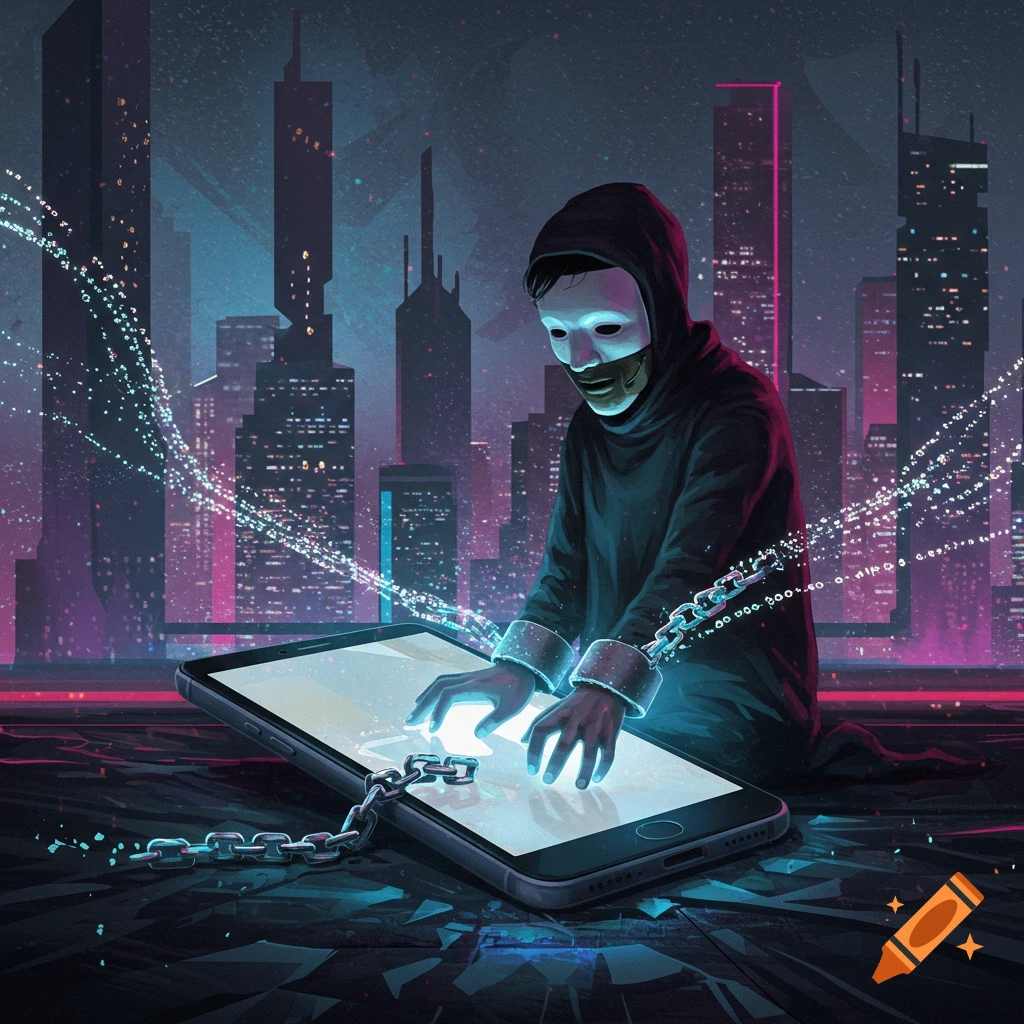 A masked figure chained to a glowing smartphone in a futuristic city, with data streams.