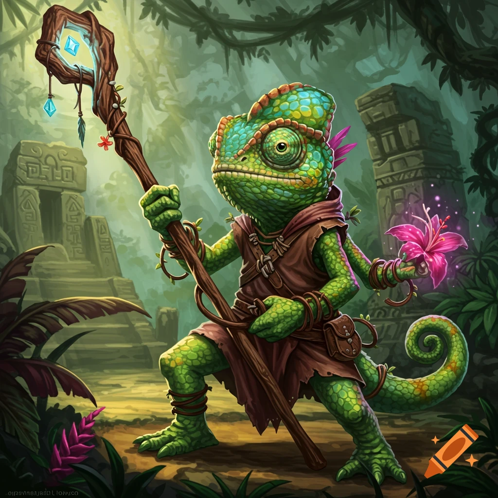 A chameleon wizard is holding a staff and a pink flower in a jungle ruin.