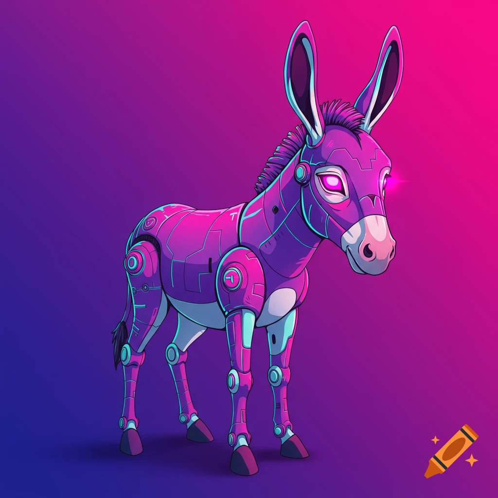 A purple and cyan robotic donkey stands against a pink and purple gradient background in a vector art style.