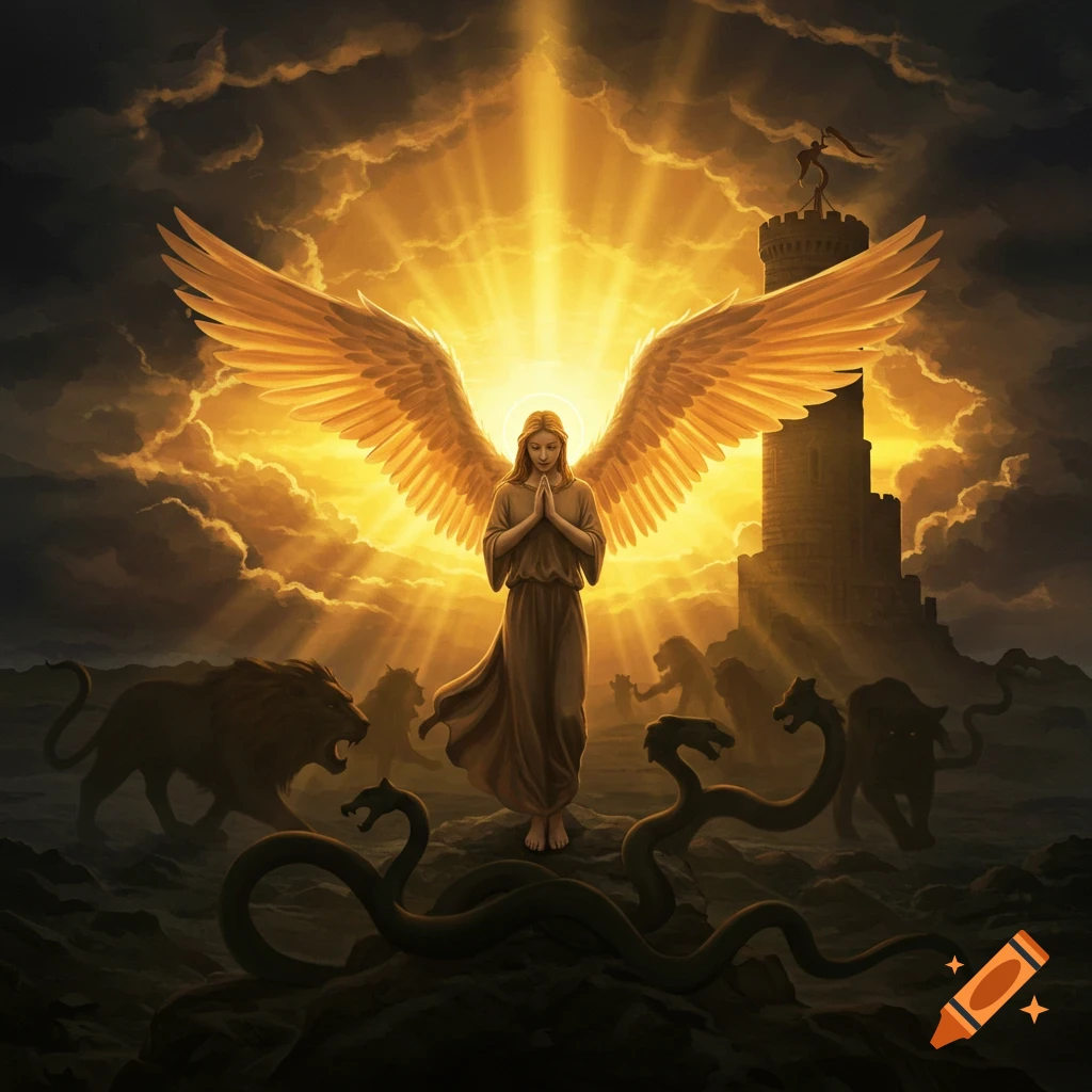An angel with golden wings praying amidst lions and serpents, bathed in radiant light, with a dark tower behind.