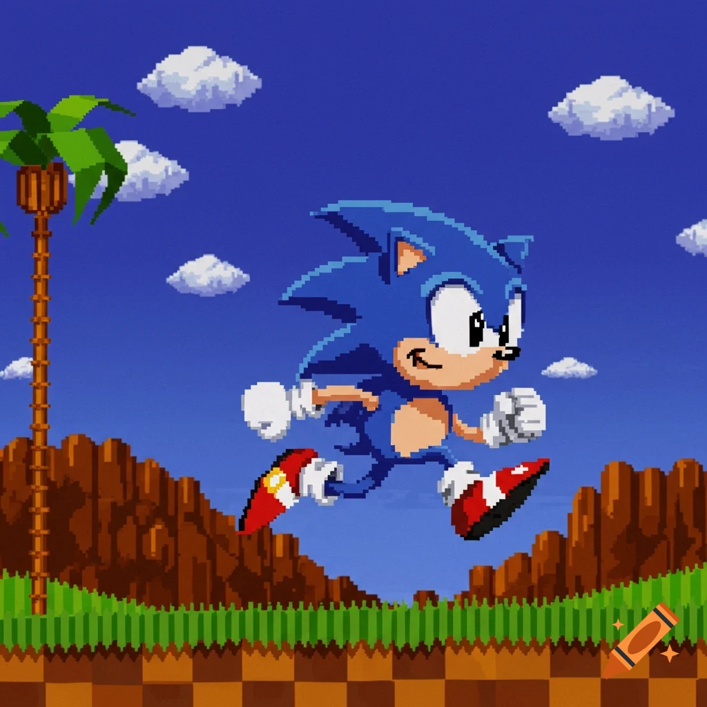 Pixel art Sonic the Hedgehog running in Green Hill Zone.