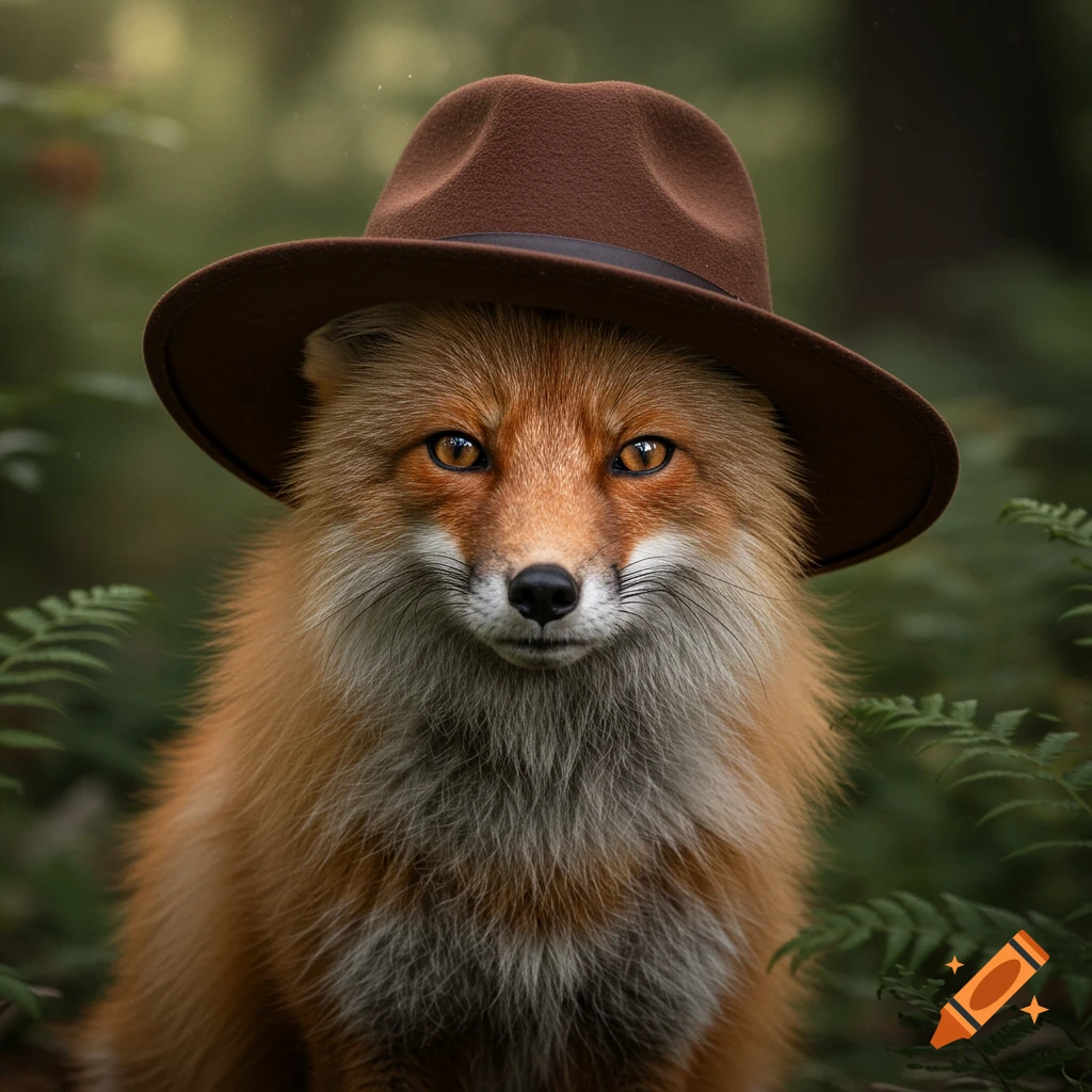 A red fox wearing a brown fedora hat sits in a forest.