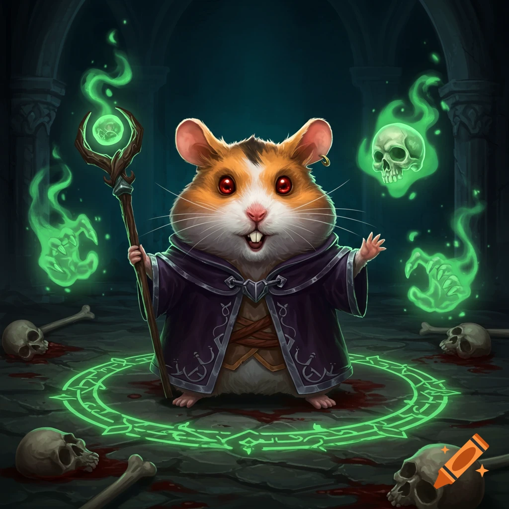 A hamster necromancer in a dark dungeon, holding a staff surrounded by skulls and green glowing magic.
