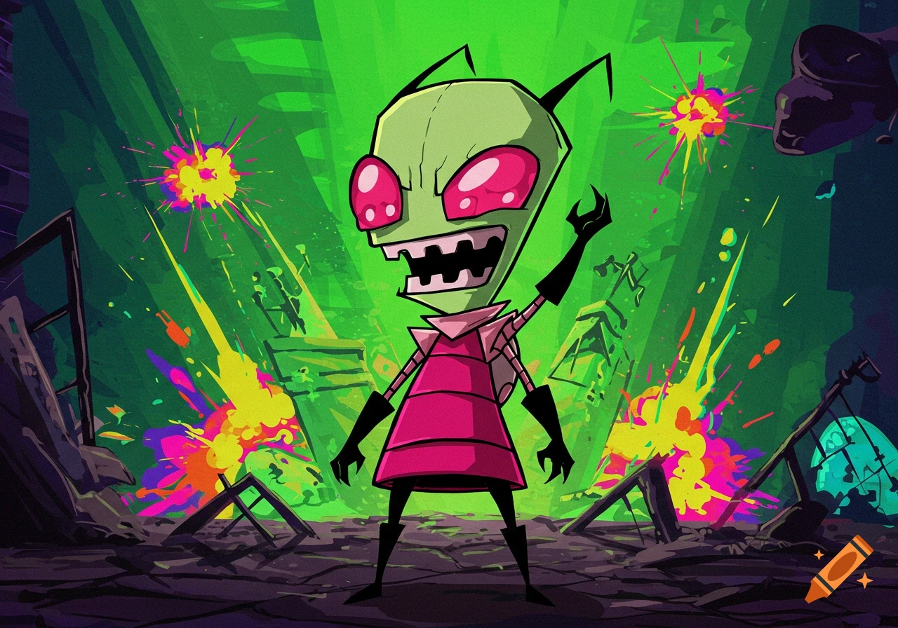 Invader Zim character stands in an explosion-filled area, in the style of Invader Zim.