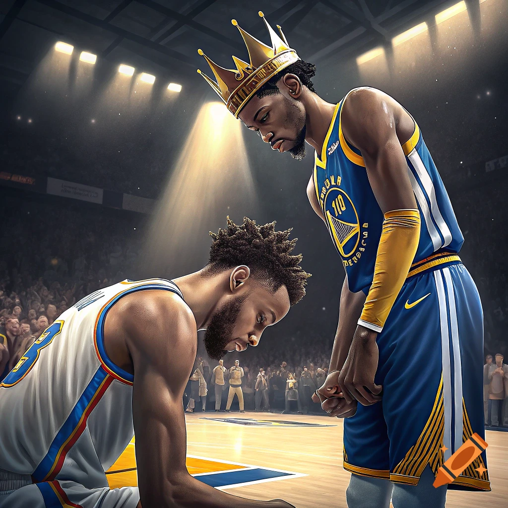 A basketball player wearing a crown stands over a kneeling player on a court, with a crowd watching.