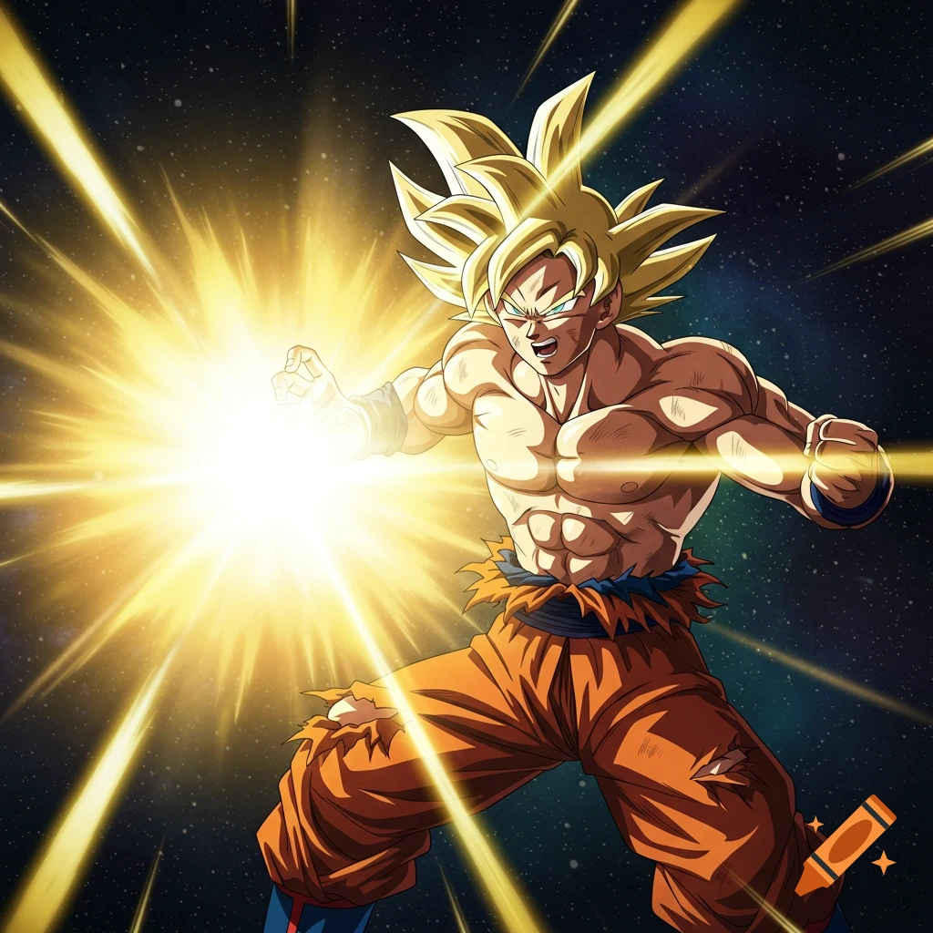 Goku in Super Saiyan form charging a bright energy attack in space. Anime style.