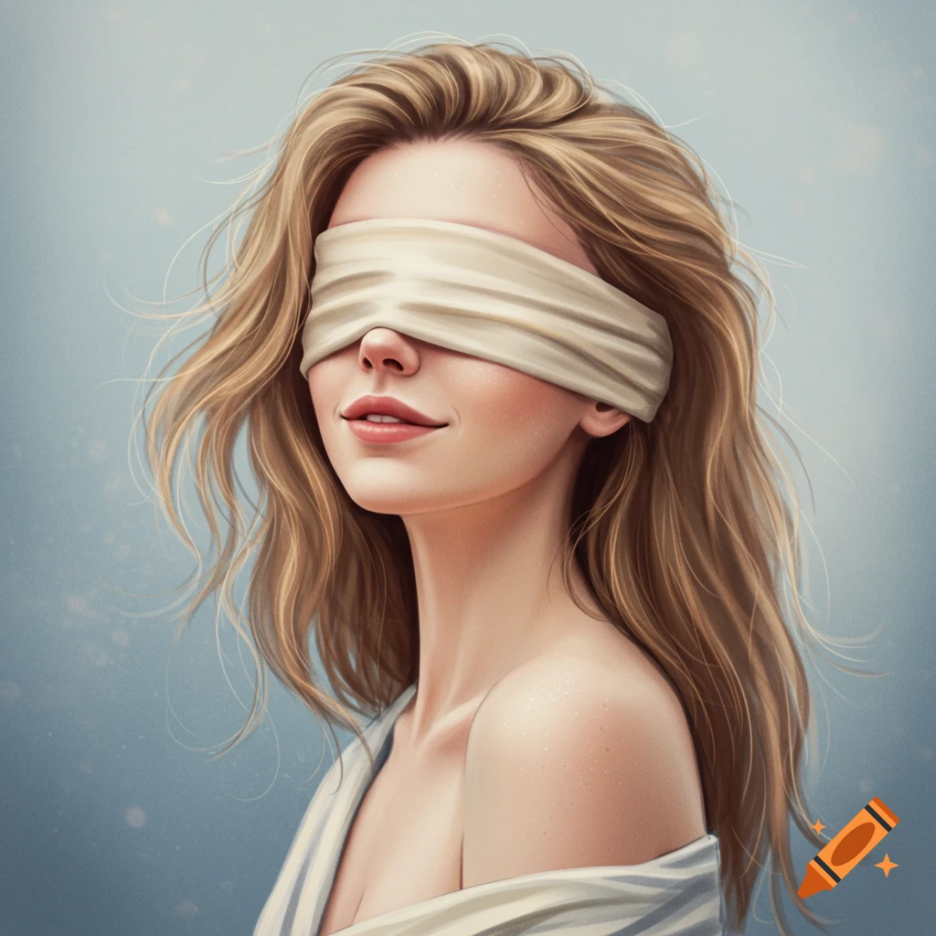 A portrait of a blindfolded woman with flowing blond hair.