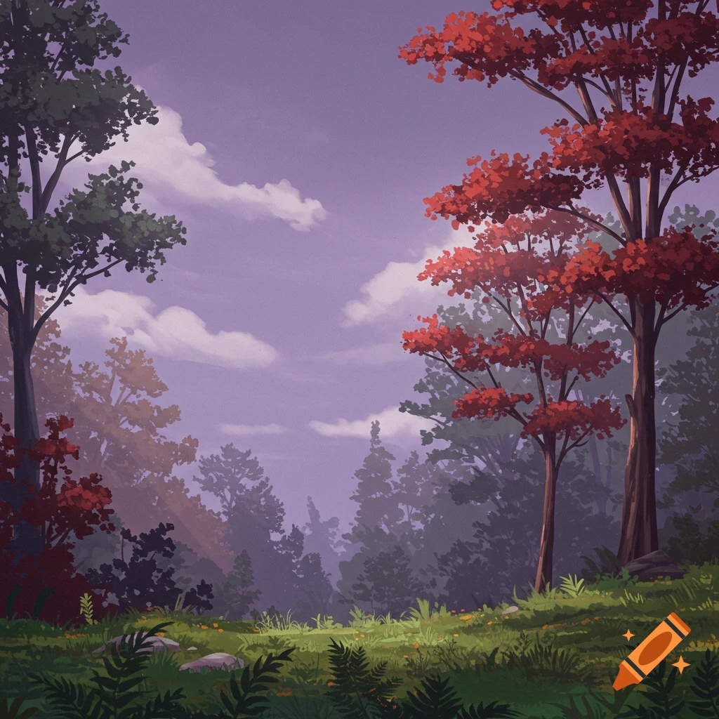 A forest with red and green trees under a purple-grey sky