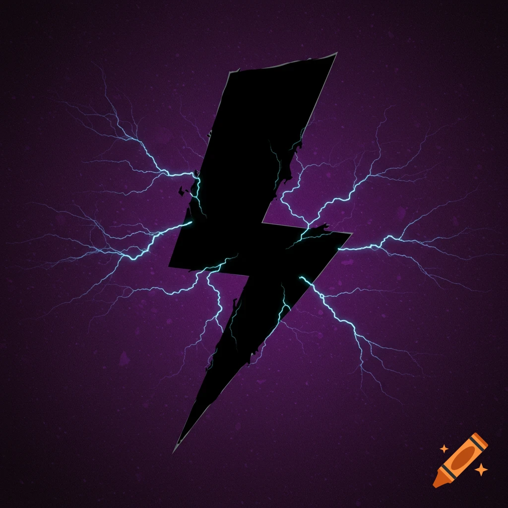 A black lightning bolt symbol on a purple background with blue lightning.