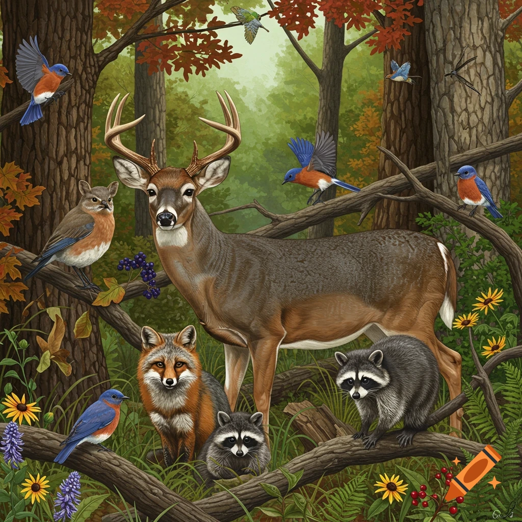 A deer, fox, raccoons, and bluebirds are shown in an autumn forest scene.