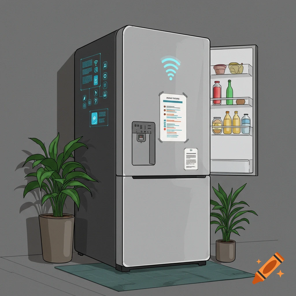Stylized illustration of a smart fridge with a screen and open door showing food, flanked by plants.