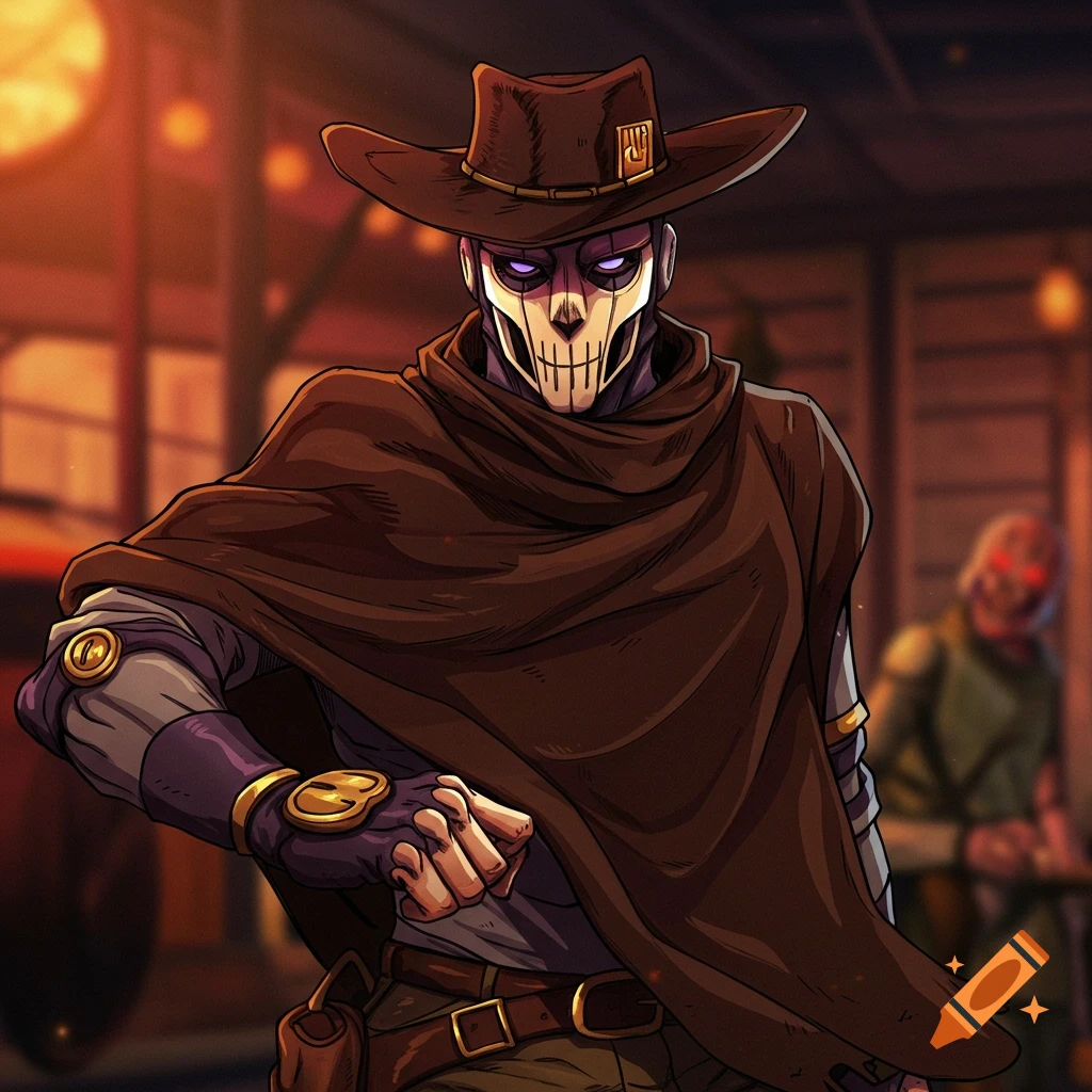 Masked cowboy in a hat and poncho in a western saloon.