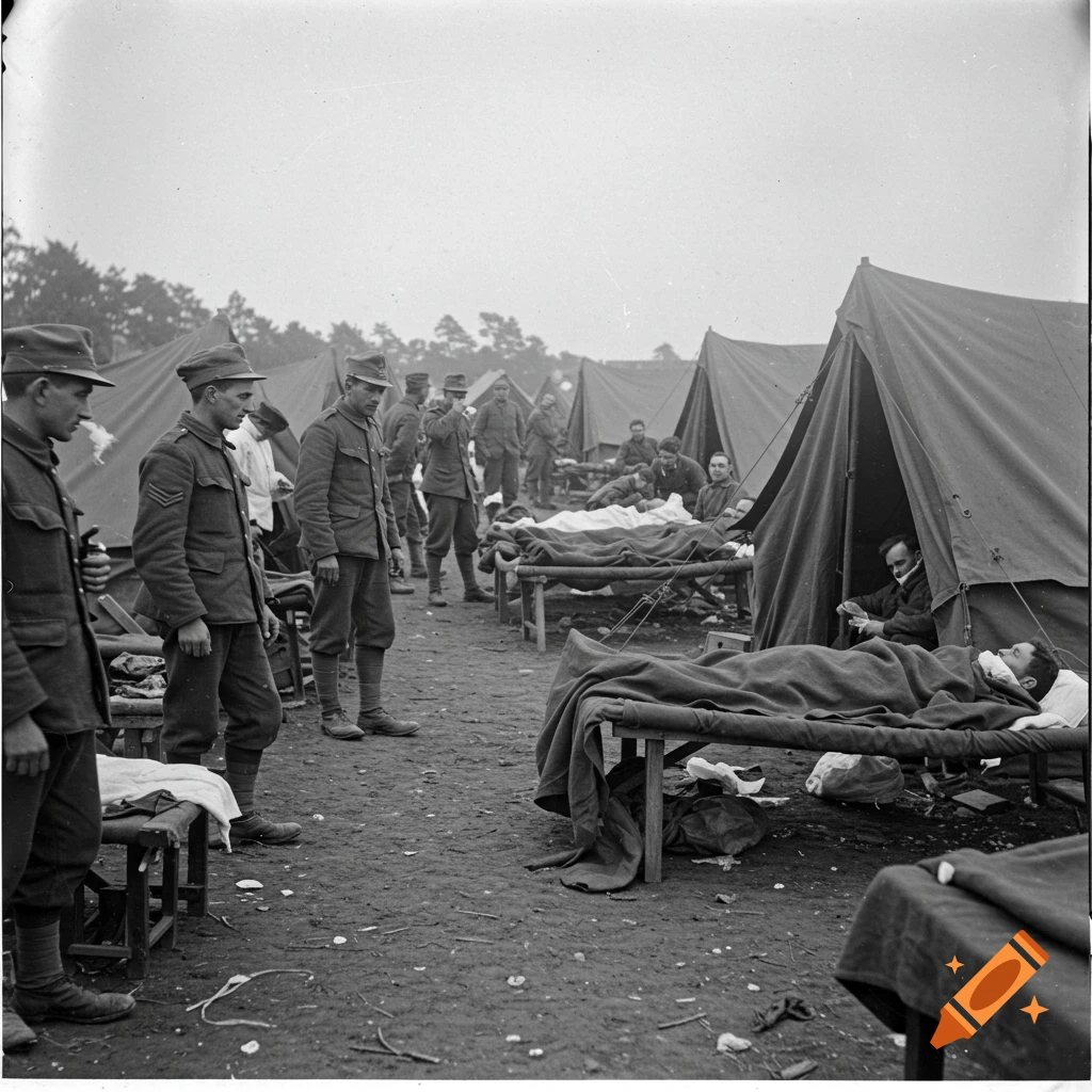 Soldiers stand near tents and cots with people inside in a black and white camp scene.